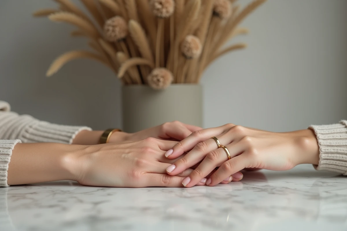 Mains d'un couple entrelacées portant des alliances en or sur fond de marbre