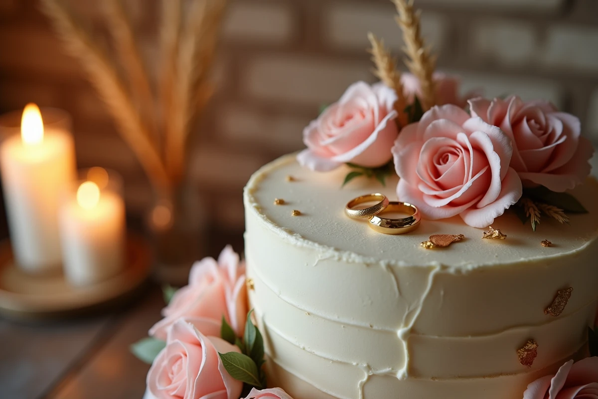 Alliances posées sur un gâteau de renouvellement de vœux décoré de roses et de feuilles d'or