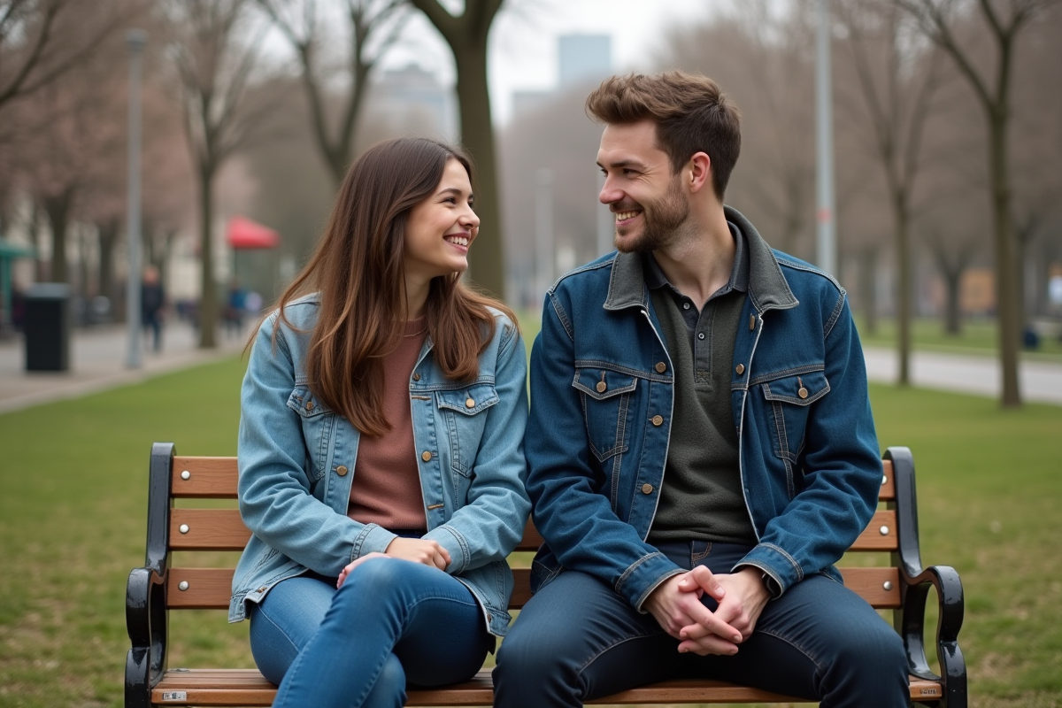 Amis discutant sur un banc dans un parc au printemps