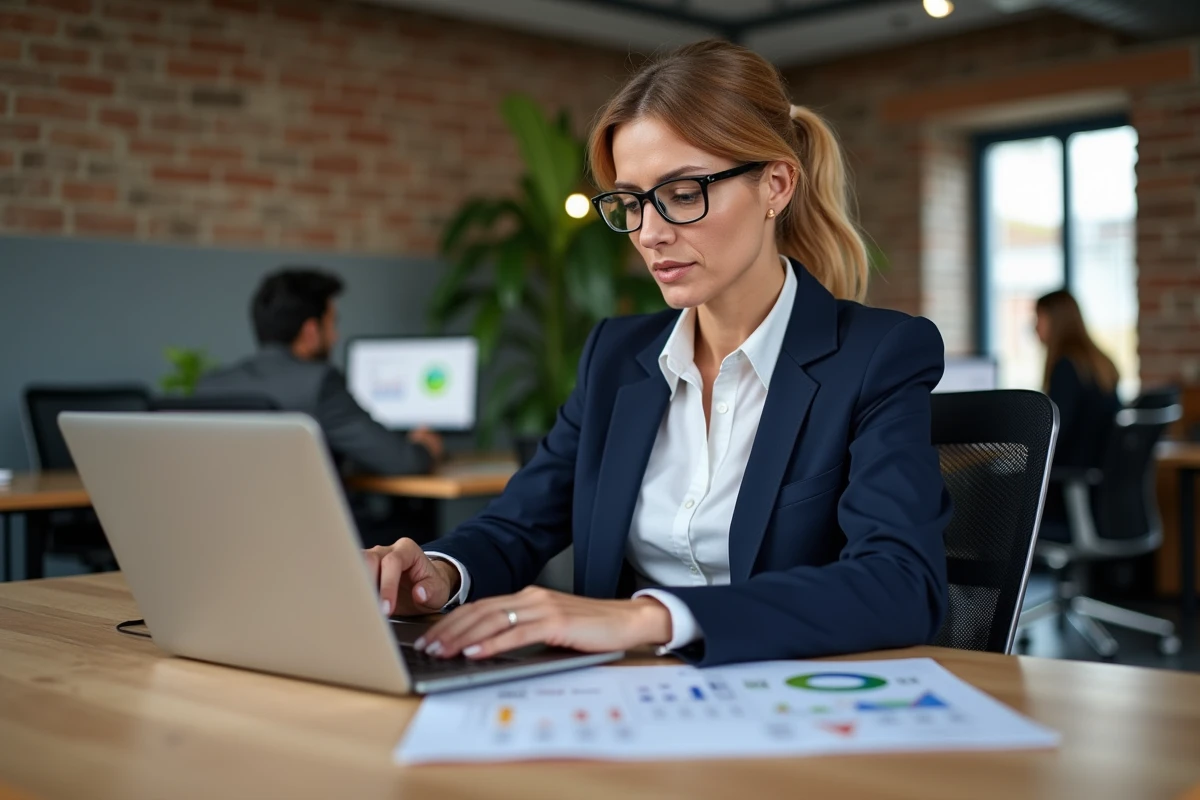 Responsable marketing analysant les tarifs et le retour sur investissement d'un photobooth pour entreprise sur son ordinateur portable
