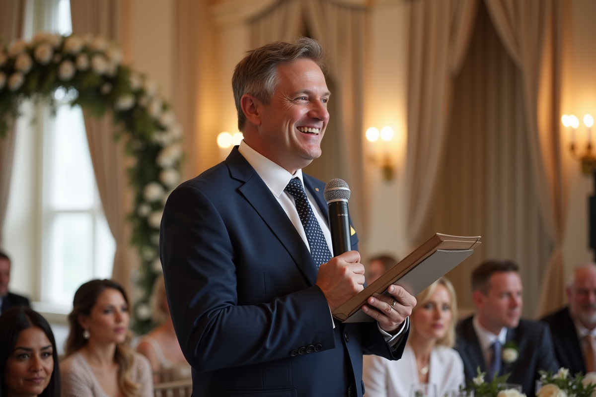 Homme maître de cérémonie souriant en costume navy lors d'un mariage