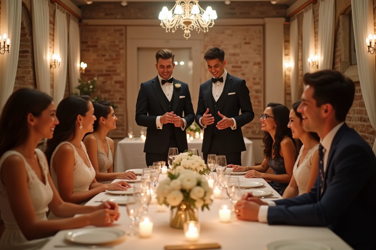 Couple animant un jeu de mime improvisé avec des invités attablés lors d'un mariage en salle à la décoration élégante