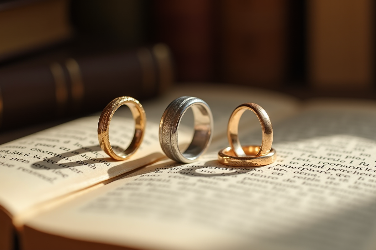 Anneaux de mariage posés sur un livre ancien dans un bureau lumineux