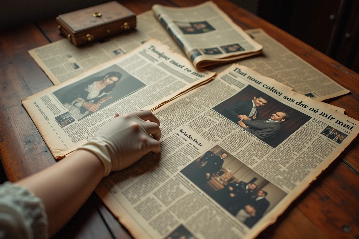 Table couverte de coupures de presse et archives médias retraçant un mariage célébrité, main gantée de dentelle feuilletant les documents