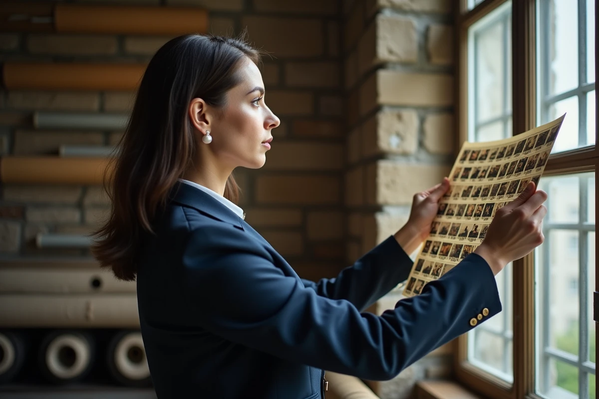 Archiviste professionnelle examinant une planche contact photographique dans une salle d'archives historique, recherche sur le mariage de Véronique Jacquier