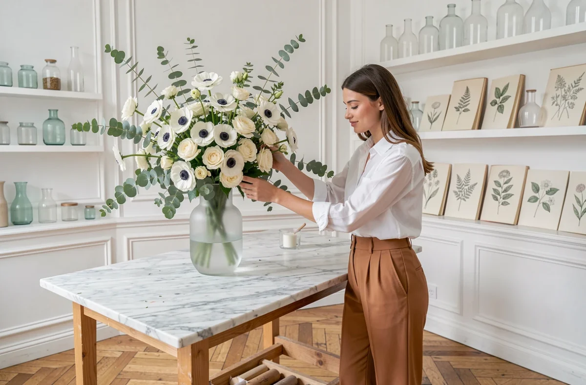 Fleuriste de L'Atelier Floral composant une pièce centrale de mariage avec des anémones blanches et de l'eucalyptus dans un studio élégant