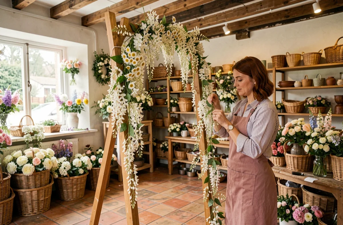Fleuriste d'Au Fil des Fleurs créant une arche de cérémonie de mariage avec des guirlandes de fleurs blanches dans sa boutique