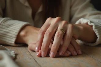 Mains féminines portant une bague en or à l'annulaire gauche posées sur une table en bois