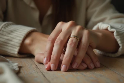 Mains féminines portant une bague en or à l'annulaire gauche posées sur une table en bois