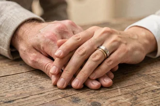 Couple portant des bagues duo personnalisées gravées en or et argent, mains enlacées sur une table en chêne