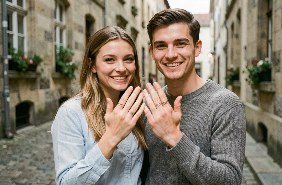 Homme et femme souriants en extérieur montrant leurs bagues duo personnalisées gravées avec prénoms dans une ruelle urbaine