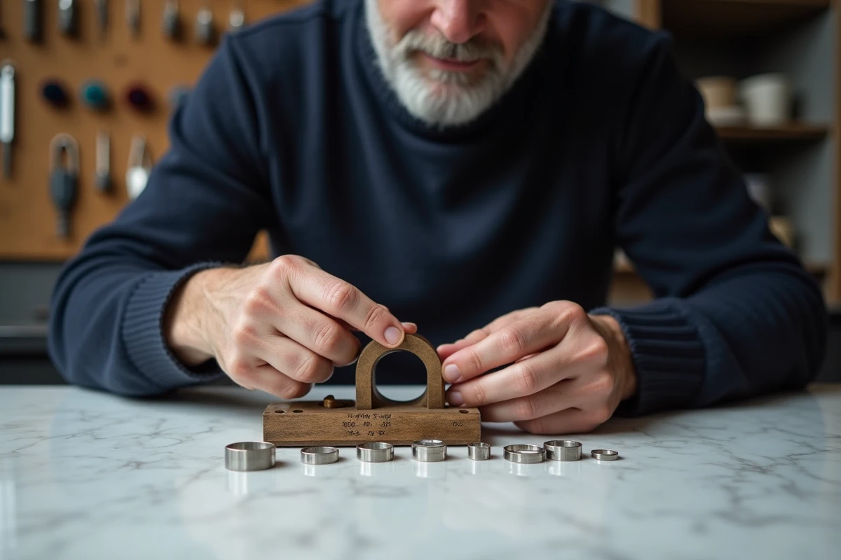 Artisan bijoutier utilisant un baguier mandrin pour mesurer et comparer différentes tailles de bagues sur un comptoir en marbre