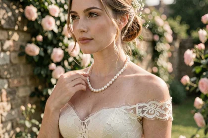 Mariée en robe en dentelle ivoire portant un collier de perles d'eau douce dans un jardin champêtre romantique