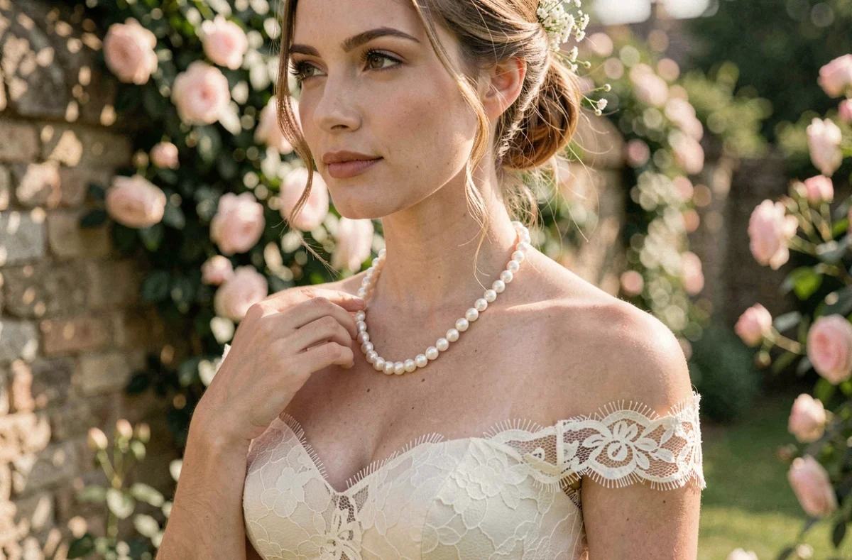 Mariée en robe en dentelle ivoire portant un collier de perles d'eau douce dans un jardin champêtre romantique