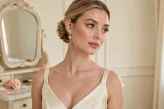 Mariée portant une boucle d'oreille pendante fine en or avec perle, chignon élégant, robe de mariée en satin ivoire