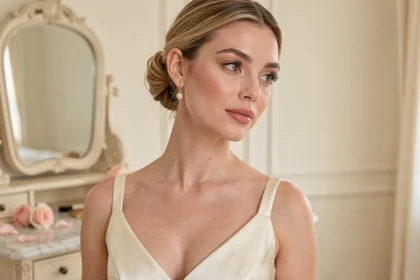 Mariée portant une boucle d'oreille pendante fine en or avec perle, chignon élégant, robe de mariée en satin ivoire