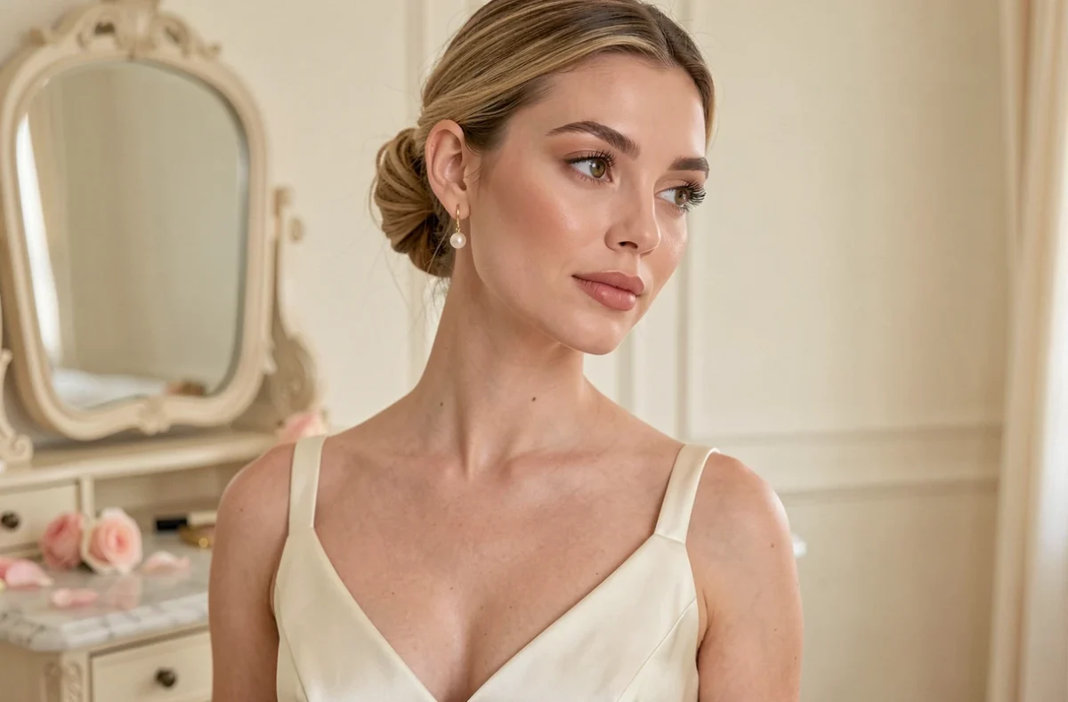 Mariée portant une boucle d'oreille pendante fine en or avec perle, chignon élégant, robe de mariée en satin ivoire