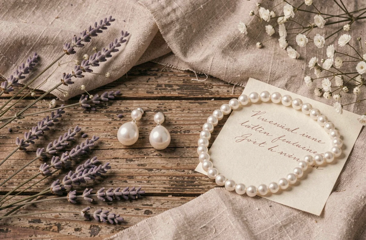 Boucles d'oreilles et bracelet de perles pour mariée disposés sur une table en bois rustique avec de la lavande séchée