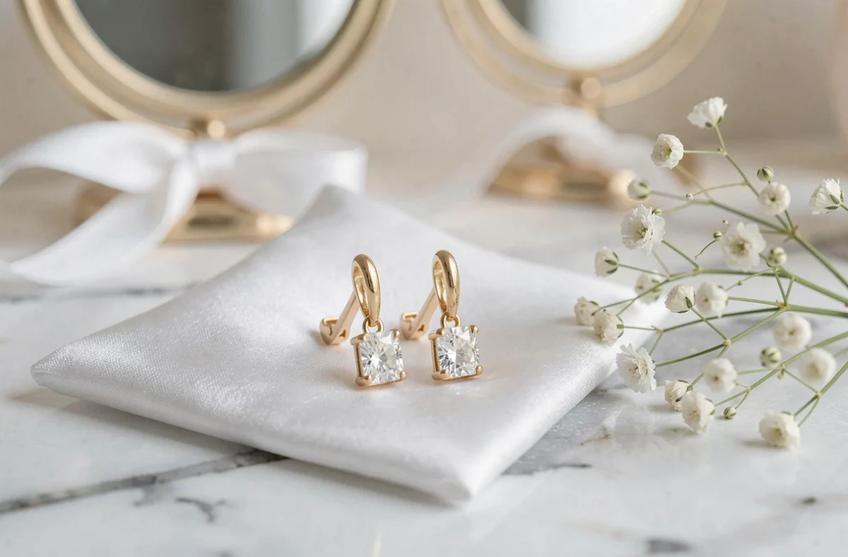 Paire de boucles d'oreilles pendantes fines en or et diamants posées sur soie blanche pour un mariage élégant