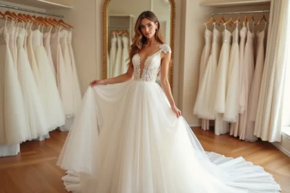 Femme en robe de mariée ivoire en dentelle dans une boutique élégante à Montpellier avec miroir et portants de robes en arrière-plan