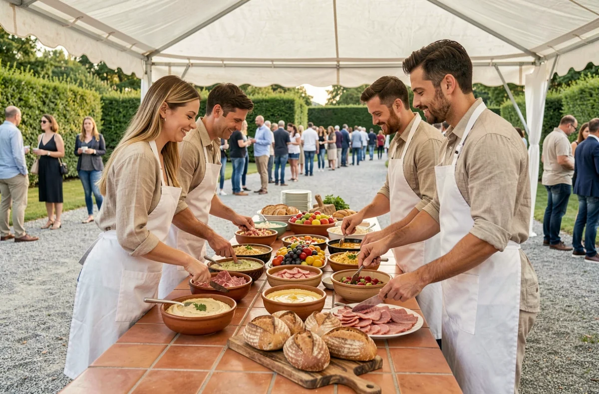 Buffet en plein air sous tente pour un événement de 100 personnes avec équipe de traiteur