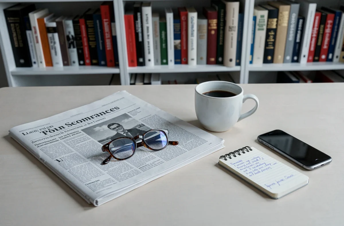 Bureau avec journal français ouvert, lunettes et carnet de notes dans un contexte de veille politique et médiatique