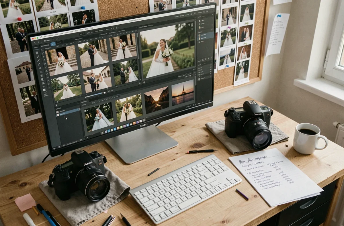Bureau d'un photographe de mariage en Occitanie avec comparaison d'offres et logiciel de retouche photo ouvert