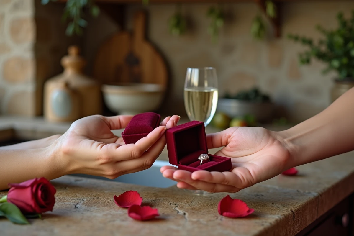 Mains tenant un écrin avec une bague et un bon cadeau pour un PACS sur un comptoir en pierre rustique