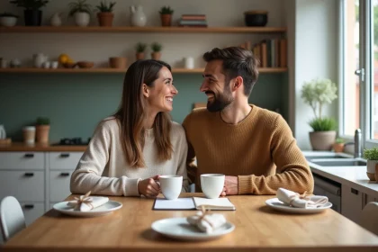 Couple célébrant leur PACS autour d'une table en bois avec des cadeaux utiles et romantiques dans un appartement moderne