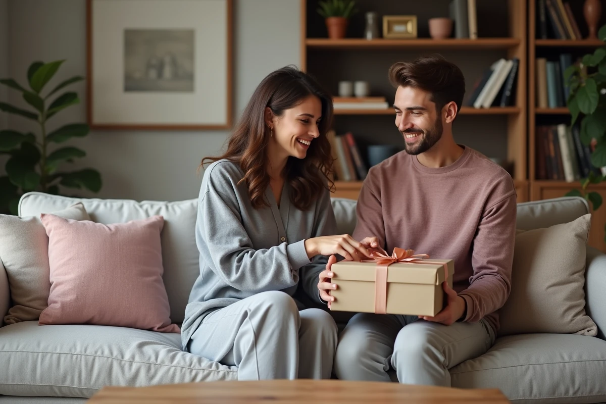 Femme déballant un cadeau de PACS romantique et utile sur un canapé en lin avec son partenaire