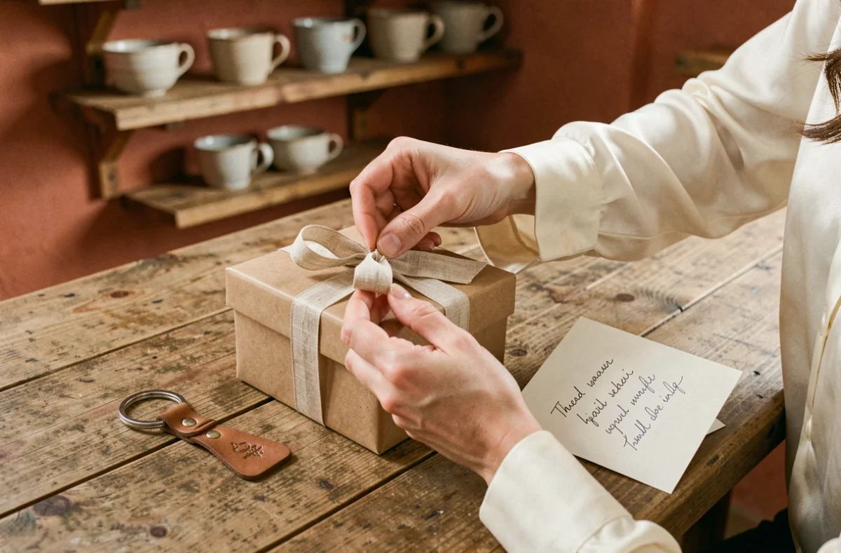 Mains féminines déballant un cadeau personnalisé pour témoin de mariage sur une table en bois rustique