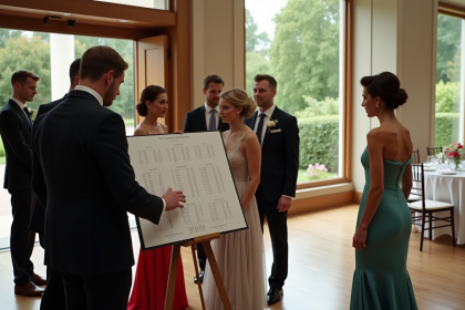 Groupe d'invités élégants consultent un plan de table de mariage