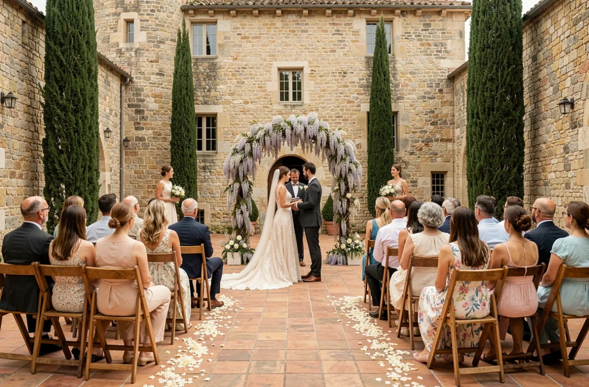 Cérémonie de mariage dans la cour d'un château médiéval en Occitanie avec mariés sous une arche fleurie