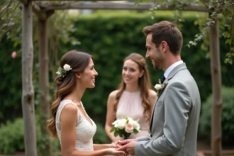 Cérémonie de mariage intime en plein air avec deux témoins aux côtés des mariés dans un jardin fleuri