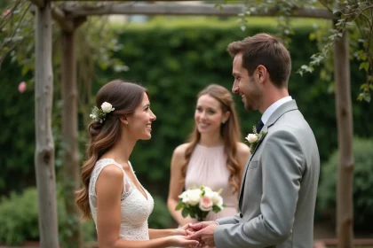 Cérémonie de mariage intime en plein air avec deux témoins aux côtés des mariés dans un jardin fleuri