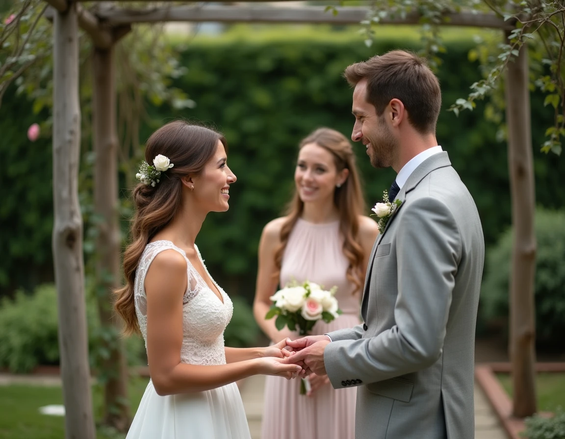 Cérémonie de mariage intime en plein air avec deux témoins aux côtés des mariés dans un jardin fleuri