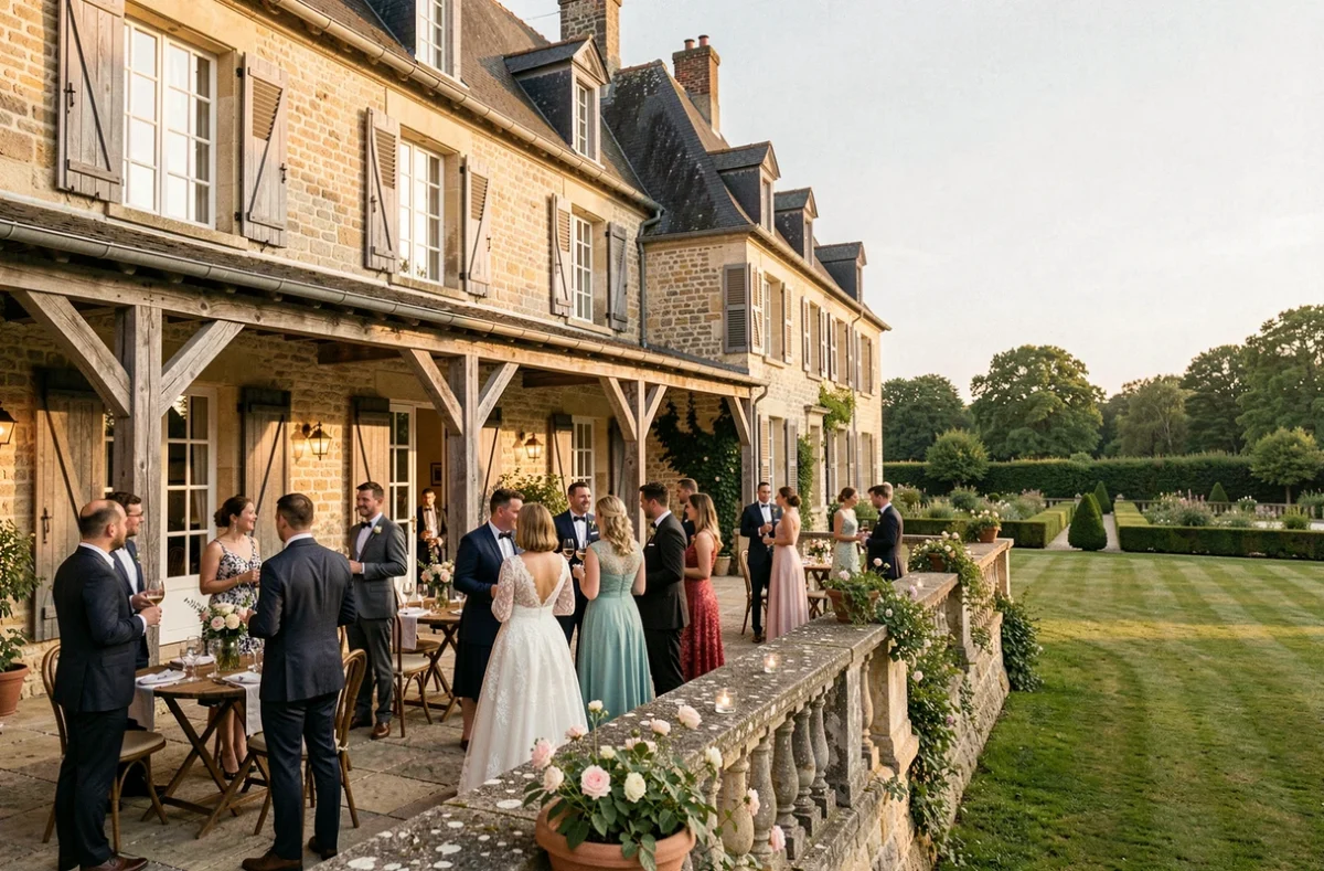 Domaine historique du Château de la Chevallerie en Vendée avec terrasse en pierre et invités de mariage lors du cocktail