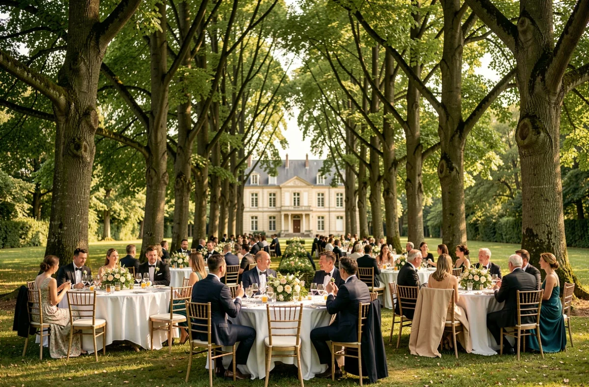 Réception de mariage en plein air dans le parc arboré du Château de la Cressonnière en Vendée, avec tables décorées sous les arbres