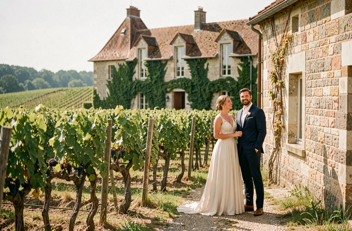 Couple de mariés devant le Château de la Sébrandière, domaine viticole dans le sud de la Vendée avec rangées de vignes et château en pierre