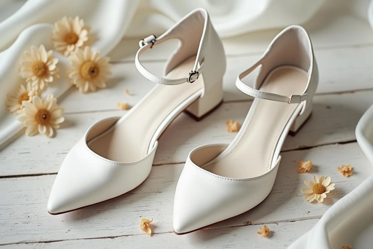 Chaussures blanches de mariée à talons bas en satin posées sur une surface en bois rustique, entourées de pétales de fleurs séchées, style chic et abordable