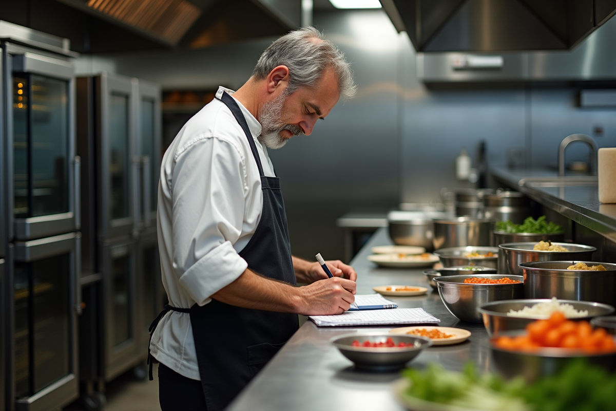 Chef en train de noter des calculs dans une cuisine professionnelle