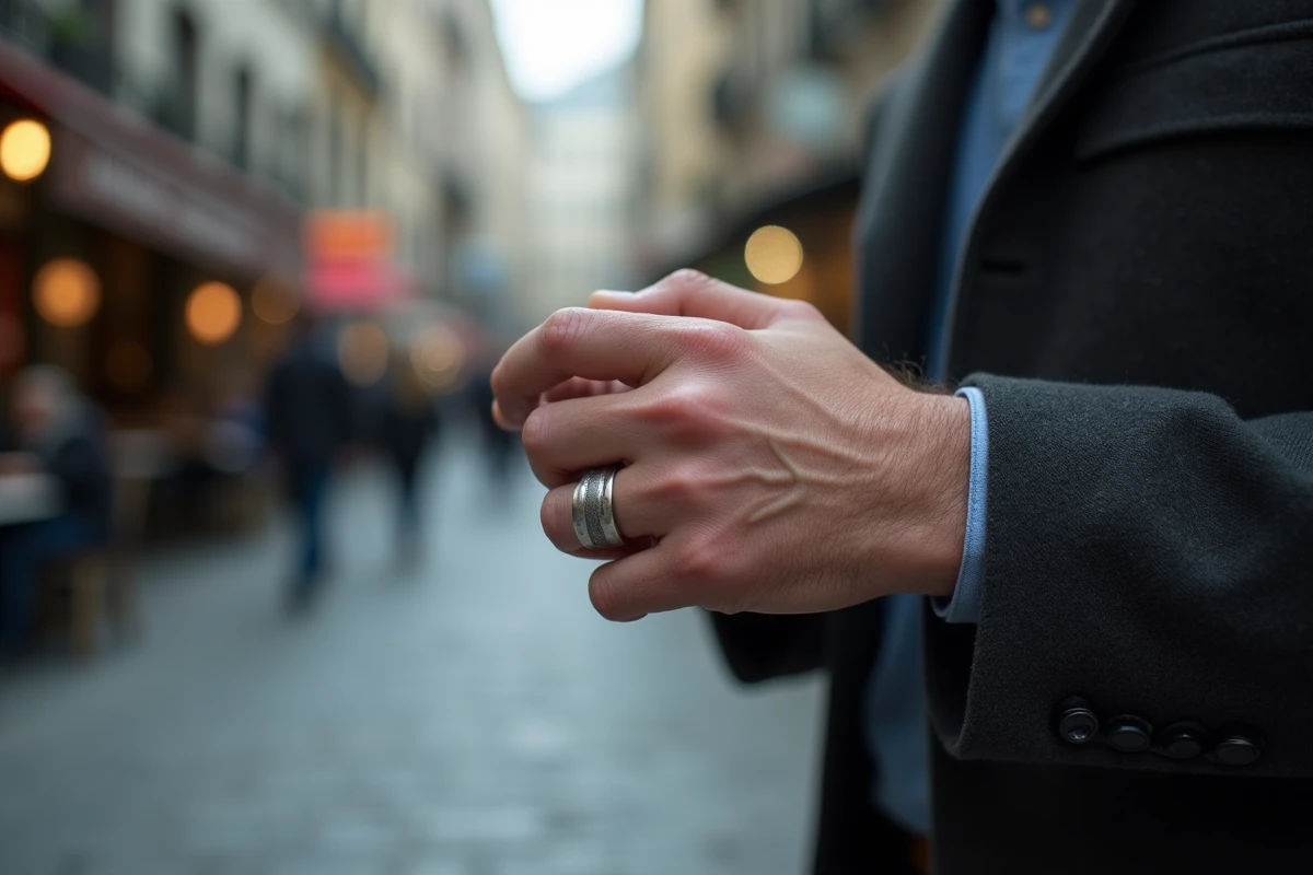 Main masculine portant une chevalière en argent à l'index droit dans un cadre urbain