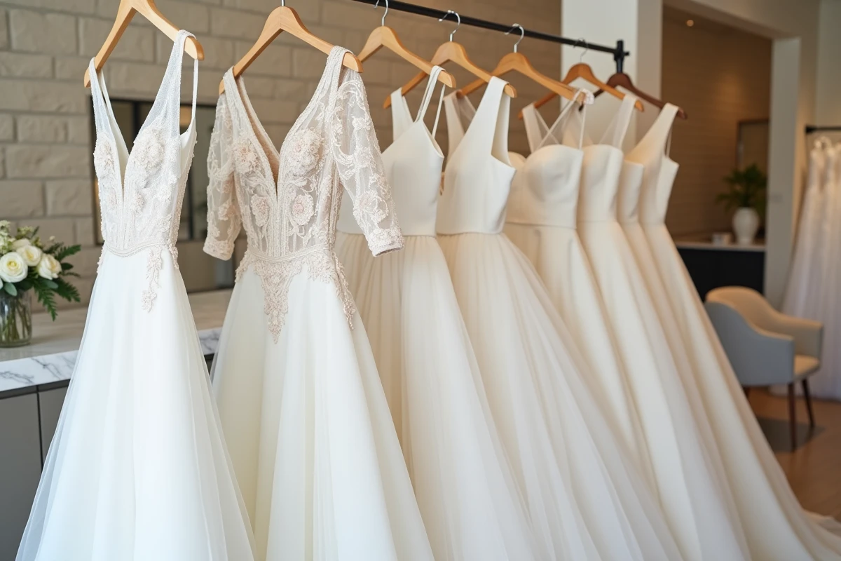 Trois robes de mariée aux styles différents exposées dans une boutique de Montpellier : bohème, minimaliste et princesse