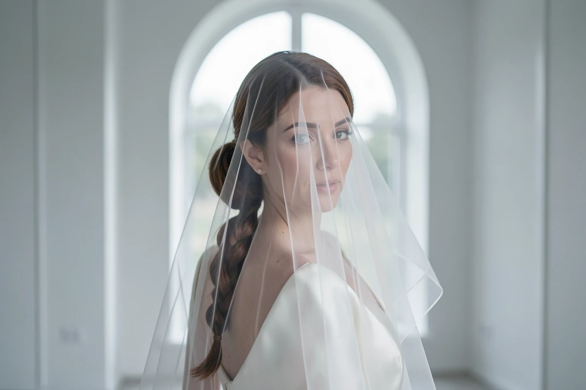 Coiffure natte bas avec chignon et voile blusher pour mariée dans salle de mariage moderne