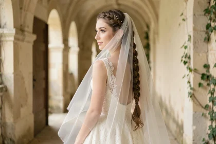 Coiffure natte mariage avec voile cathédrale vue de dos dans un couloir de château en pierre