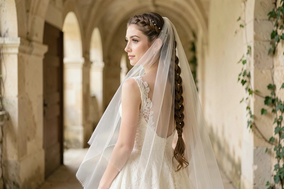 Coiffure natte mariage avec voile cathédrale vue de dos dans un couloir de château en pierre
