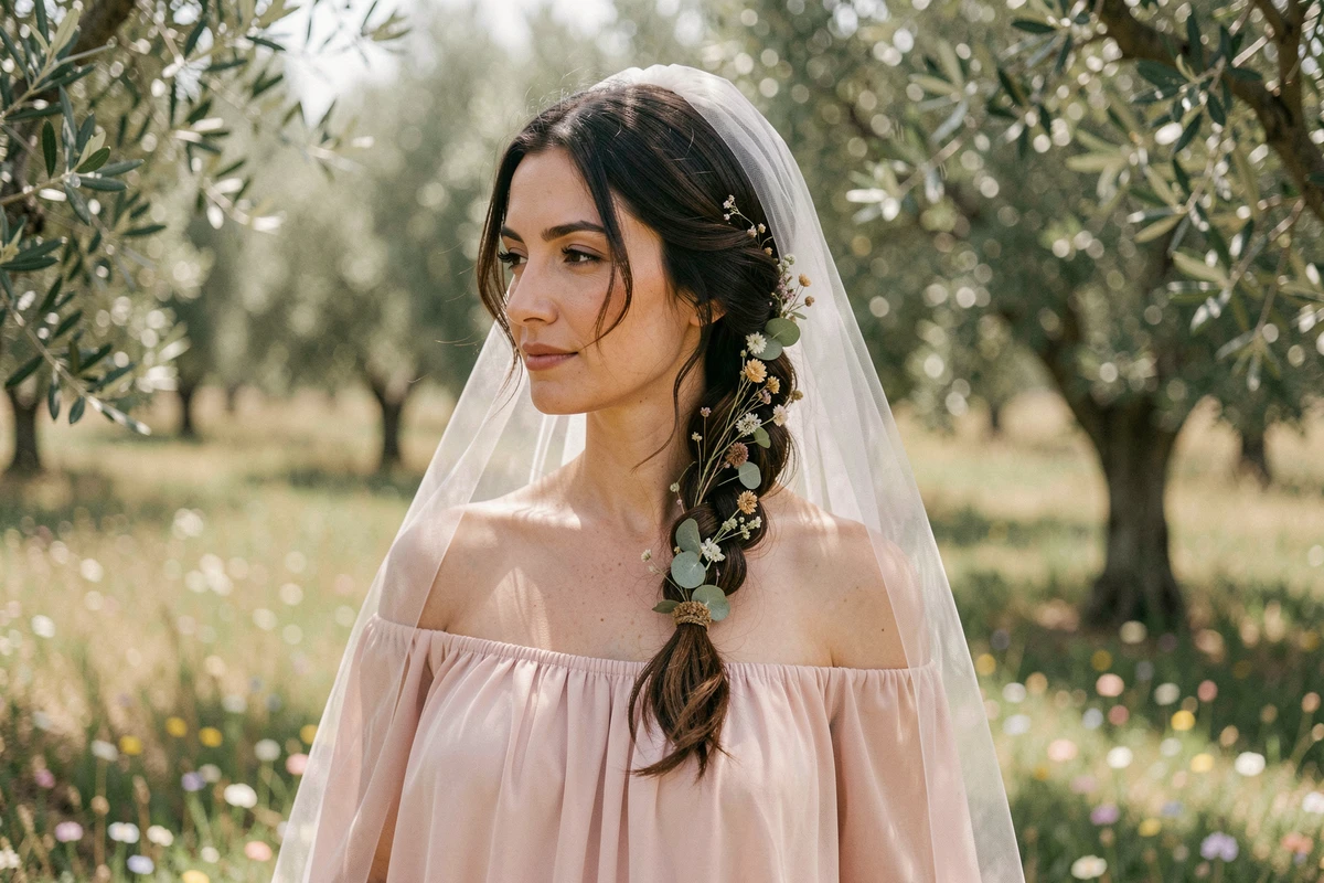 Coiffure tresse bohème côté avec voile et fleurs séchées pour mariage en plein air en Provence
