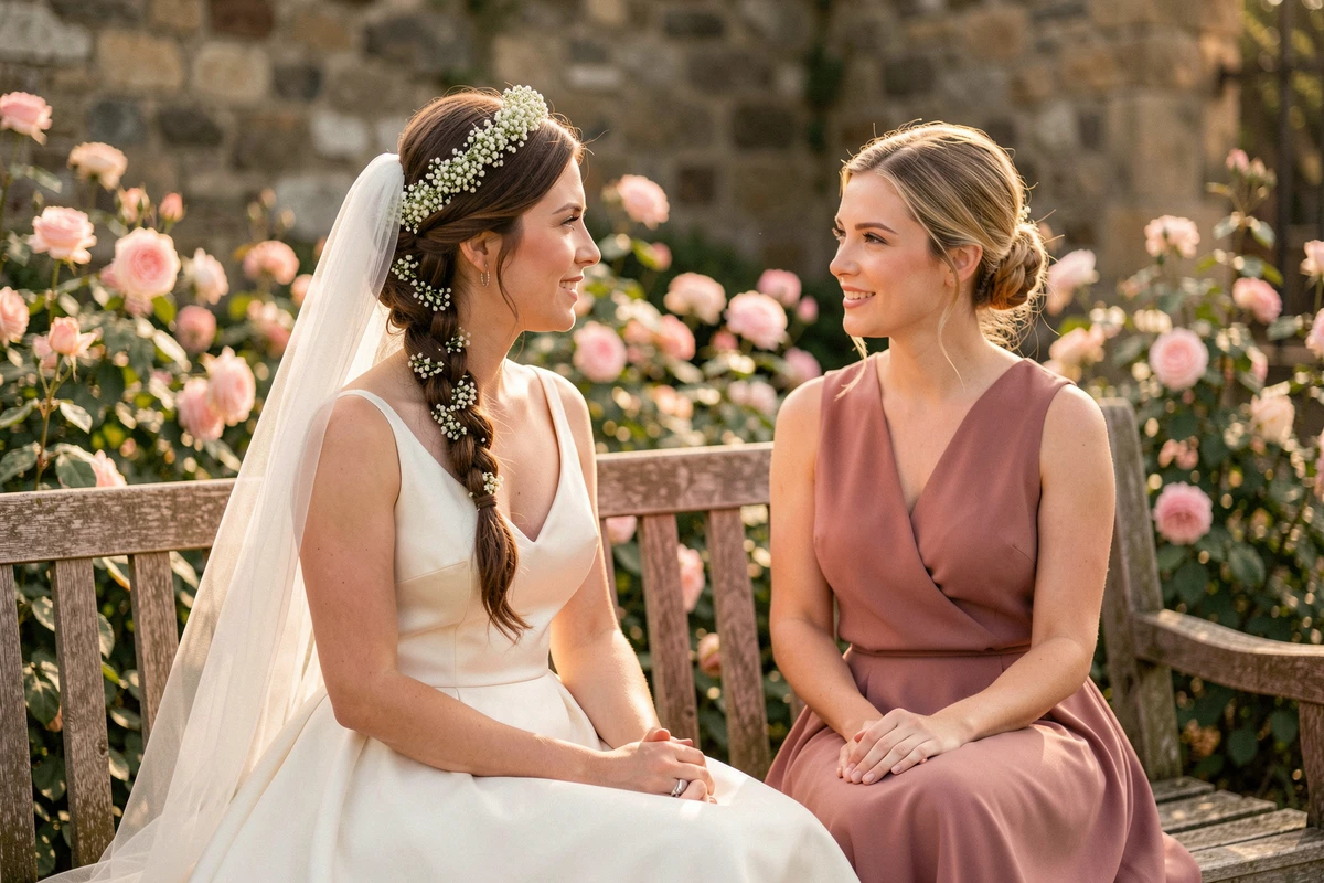 Mariée avec tresse couronne et voile coude accompagnée de sa demoiselle d'honneur dans un jardin fleuri