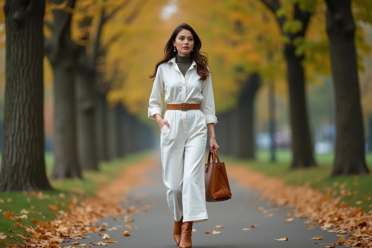 Femme en combinaison blanche en lin avec ceinture camel et bottines cognac se promenant dans un parc en automne, style minimaliste