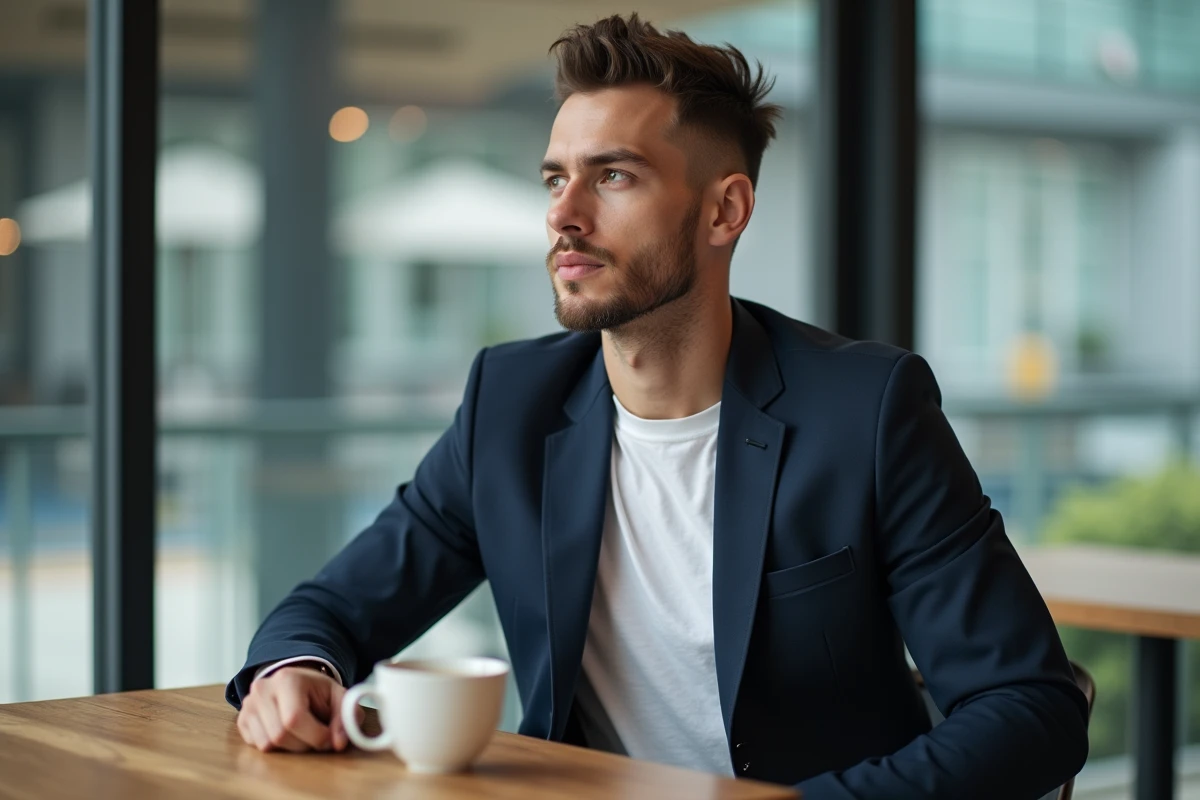 Homme en blazer marine assis dans un café moderne avec vue sur une salle de sport urbaine, portrait éditorial